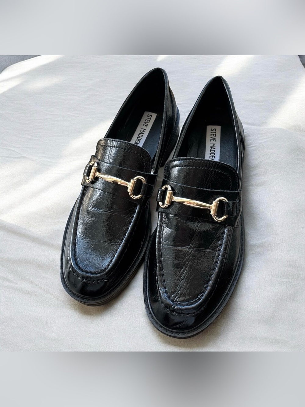 Steve Madden Black Leather Gold-Tone Horsebit Loafers